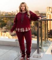 Спортивный костюм двойка женский бордовый утепленный из трехнитки с клетчатыми вставками осенне-зимний больших размеров