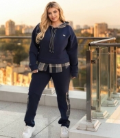 Спортивный костюм двойка женский синий утепленный из трехнитки с клетчатыми вставками осенне-зимний больших размеров