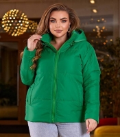 Куртка женская зеленая плащевка Канада с силиконовым утеплителем и подкладкой саржа короткая со съемным капюшоном осенне-зимняя больших размеров