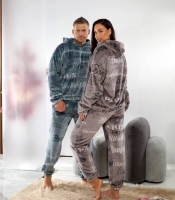 Пижама унисекс из мягкого двустороннего плюшика с капюшоном худи и свободные брюки осенне-зимняя утепленная