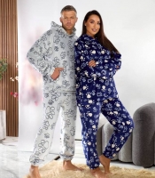 Пижама унисекс из мягкого двустороннего плюшика с капюшоном худи и свободные брюки с принтом лапки осенне-зимняя утепленная