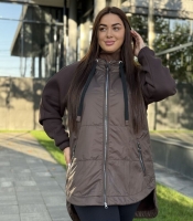 Куртка-кардиган женская удлинённая из тринитки с начёсом и плащевки с капюшоном и флисовой подкладкой осенне-зимняя