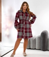 Платье-рубашка женское кашемировое в бордовую клетку с поясом осенне-зимнее