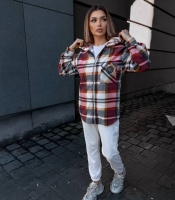 Кофта женская утепленная флисовая в красную клетку с капюшоном на молнии осенне-зимняя