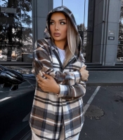 Кофта женская утепленная флисовая в клетку с капюшоном на молнии осенне-зимняя