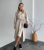 Комплект женский утепленный джерси бежевый: платье миди и удлиненный кардиган с поясом осенне-зимний