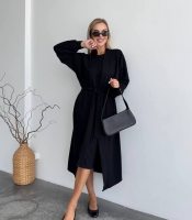 Комплект женский утепленный джерси черный: платье миди и удлиненный кардиган с поясом осенне-зимний