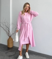 Комплект женский утепленный джерси розовый: платье миди и удлиненный кардиган с поясом осенне-зимний