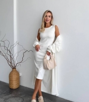 Комплект женский утепленный джерси молочный: платье миди без рукавов и кардиган осенне-зимний