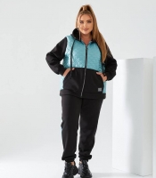 Спортивный костюм-двойка женский утепленный из трехнитки на флисе с бирюзовыми стегаными вставками и капюшоном осенне-зимний