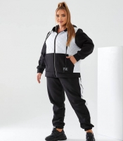 Спортивный костюм-двойка женский утепленный из трехнитки на флисе с белыми стегаными вставками и капюшоном осенне-зимний
