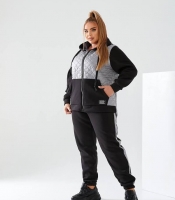 Спортивный костюм-двойка женский утепленный из трехнитки на флисе с серыми стегаными вставками и капюшоном осенне-зимний