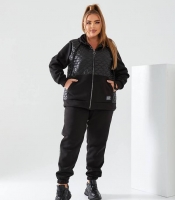 Спортивный костюм-двойка женский черный утепленный из трехнитки на флисе со стегаными вставками и капюшоном осенне-зимний