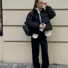 Куртка-пуфер женская зимняя из плащевки на пуху укороченная с высоким воротником  k-124428