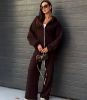 Спортивный костюм-двойка женский из трехнитки на флисе с худи на молнии и широкими брюками осенне-зимний