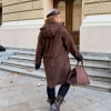 Кардиган женский шоколадный из мягкого тедди-барашка с контрастной отделкой и карманами осенне-зимний  k-124451