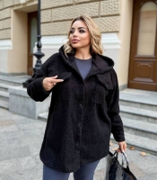 Рубашка женская из эко-баранчика на флисе с капюшоном и застёжкой на пуговицы осенне-зимняя