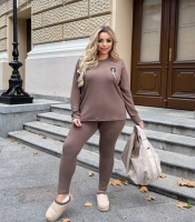 Костюм женский осенне-зимний из флисового трикотажа: кофта прямого кроя и лосины коричневые