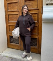 Костюм женский осенне-зимний флисовый: удлинённое худи с капюшоном и лосины шоколадные