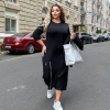 Костюм-двойка женский из двунитки и эко-кожи с кофтой на молнии и юбкой миди осенний  k-124520