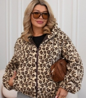 Эко-шубка женская короткая леопардовая из искусственного меха на подкладке с капюшоном осенне-зимняя