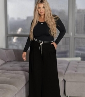 Брюки женские черные широкие свободного кроя из креп-костюмки с поясом на резинке осенне-зимние