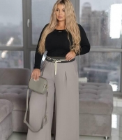 Брюки женские серые широкие свободного кроя из креп-костюмки с поясом на резинке осенне-зимние