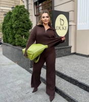 Костюм-двойка женский ангора рубчик: свитер с воротником на молнии и прямые брюки осенне-зимний