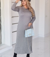 Платье прямого кроя женское трикотаж ангора миди с воротником-хомутом и разрезами по бокам осенне-зимнее
