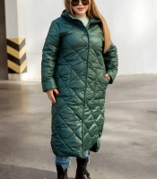 Куртка женская длинная стёганая из плащевки Лаке с капюшоном и утеплителем синтепон 200 осенне-зимняя
