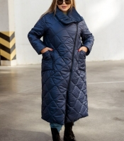 Куртка женская осенне-зимняя длинная стёганая из плащевки с утеплителем и асимметричной молнией синяя
