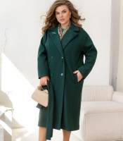 Пальто женское осенне-зимнее кашемировое двубортное с поясом и подкладкой зелёное