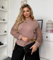 Свитер женский осенне-зимний ангора с ажурными рукавами свободного кроя мокко