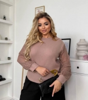 Свитер женский осенне-зимний ангора с ажурными рукавами свободного кроя мокко