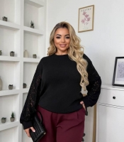 Свитер женский осенне-зимний ангора с ажурными рукавами свободного кроя чёрный