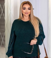 Свитер женский осенне-зимний ангора свободного кроя с ажурными рукавами смарагдовый