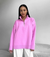 Свитер женский осенне-зимний оверсайз с воротником-стойкой и молнией из фабричной вязки