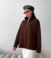 Свитер женский осенне-зимний оверсайз с воротником-стойкой и молнией из фабричной вязки