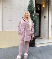 Костюм спортивный женский из трехнитки на флисе утеплённый с асимметричным кардиганом на молнии и брюками осенне-зимний