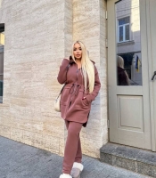 Костюм спортивный женский из трехнитки на флисе утеплённый с асимметричным кардиганом на молнии и брюками осенне-зимний