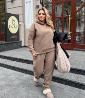 Костюм спортивный женский из полар-флиса утеплённый с худи и брюками свободного кроя осенне-зимний