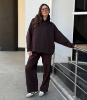 Спортивный костюм-двойка женский из турецкой трёхнитки пенье на флисе утеплённый худи оверсайз и прямые брюки осенний зимний