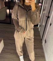 Спортивный костюм женский из велюра на меху: кофта на молнии с капюшоном и брюки оверсайз осенний зимний