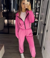 Спортивный костюм женский из велюра на меху: кофта на молнии с капюшоном и брюки оверсайз осенний зимний