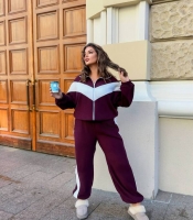 Спортивный костюм-двойка женский из двустороннего флиса с контрастной вставкой и брюками палаццо осенне-зимний