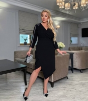 Платье женское микродайвинг на запах с бахромой и асимметричным подолом осеннее зимнее