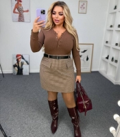 Юбка женская из тёплого трикотажа с узором лапка и поясом на высокой посадке осенне-зимняя