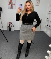 Юбка женская из тёплого трикотажа с узором лапка и поясом на высокой посадке осенне-зимняя