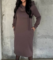 Платье-худи женское утеплённое из трёхнитки на флисе с капюшоном и карманами зимнее