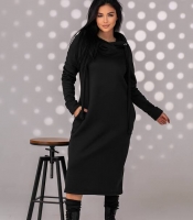 Платье-худи женское утеплённое из трёхнитки на флисе с воротником-хомутом и карманами зимнее